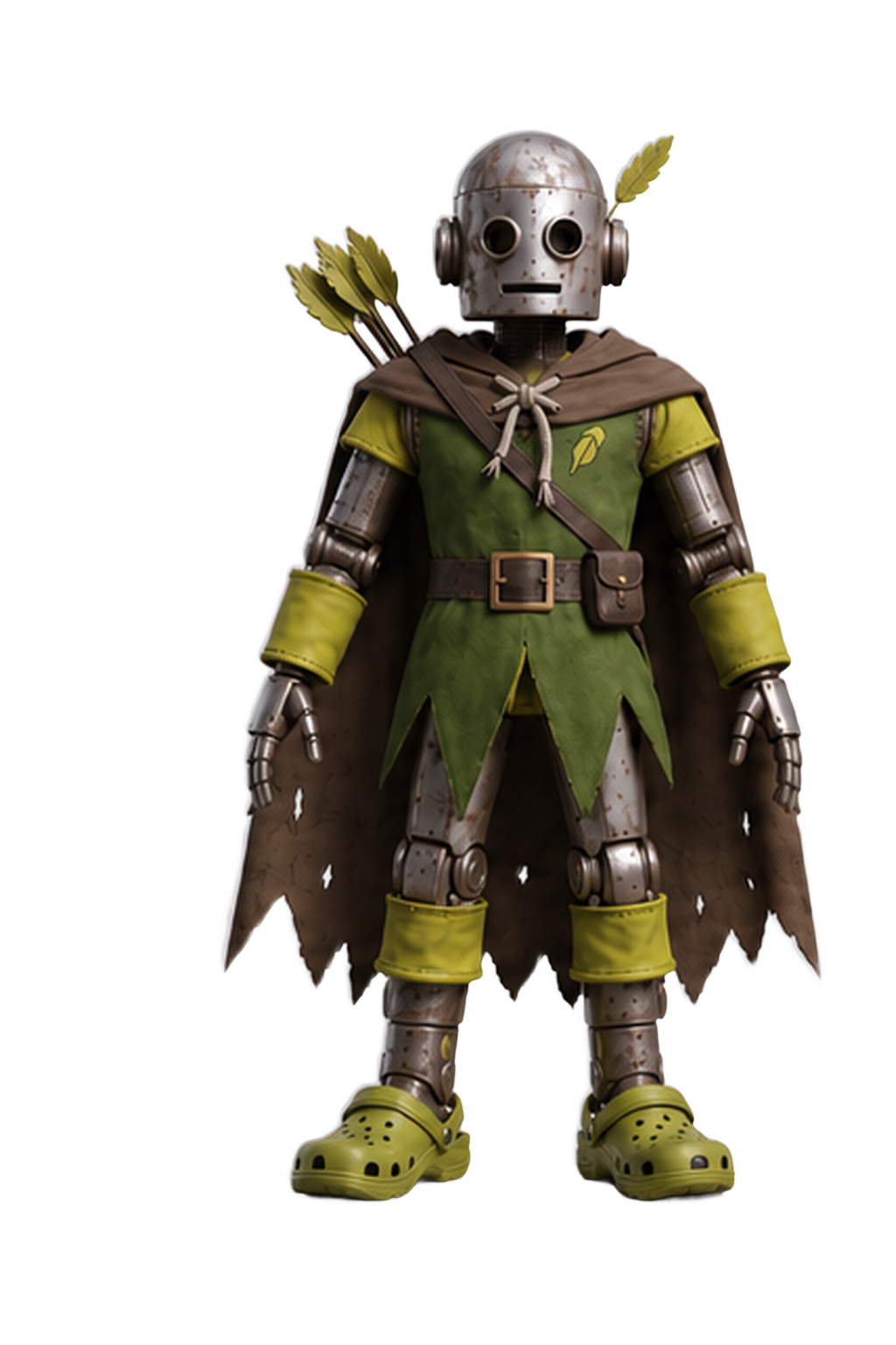 Robohood, a small tin automaton archer in a riveted steel helmet, tattered green tunic, brown cape, and olive foam clogs